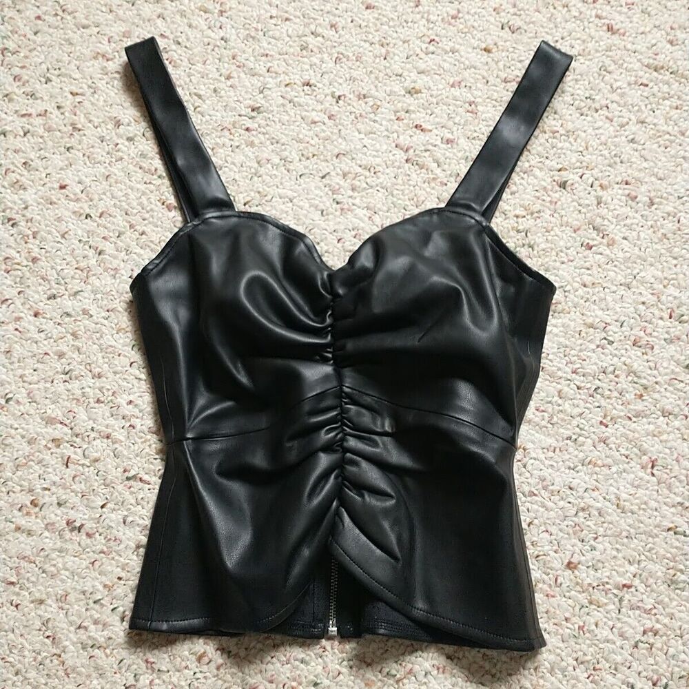 Shabby Chic Faux Leather Weather Tank Top XS Black Wide Strap Ruched Goth New
